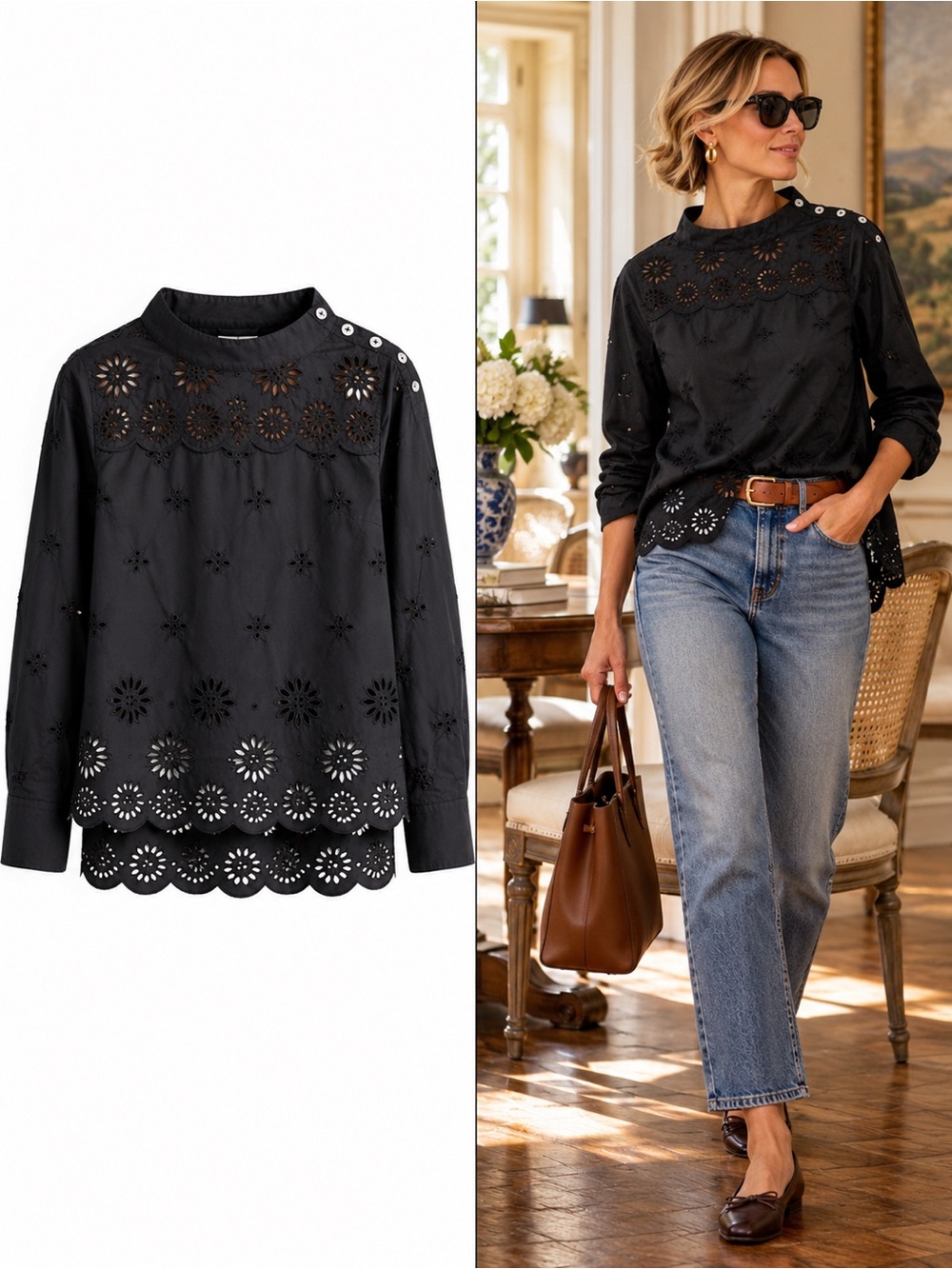 J.Crew Funnelneck Eyelet Shirt Black Cotton Scallop Blouse Size 6